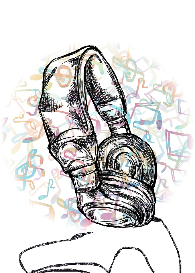 Hand drawn Headphones with Musical Notes Background