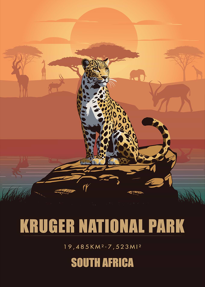 Vintage Kruger National Park Poster , South Africa Safari Leopard Print , Retro Wildlife Art