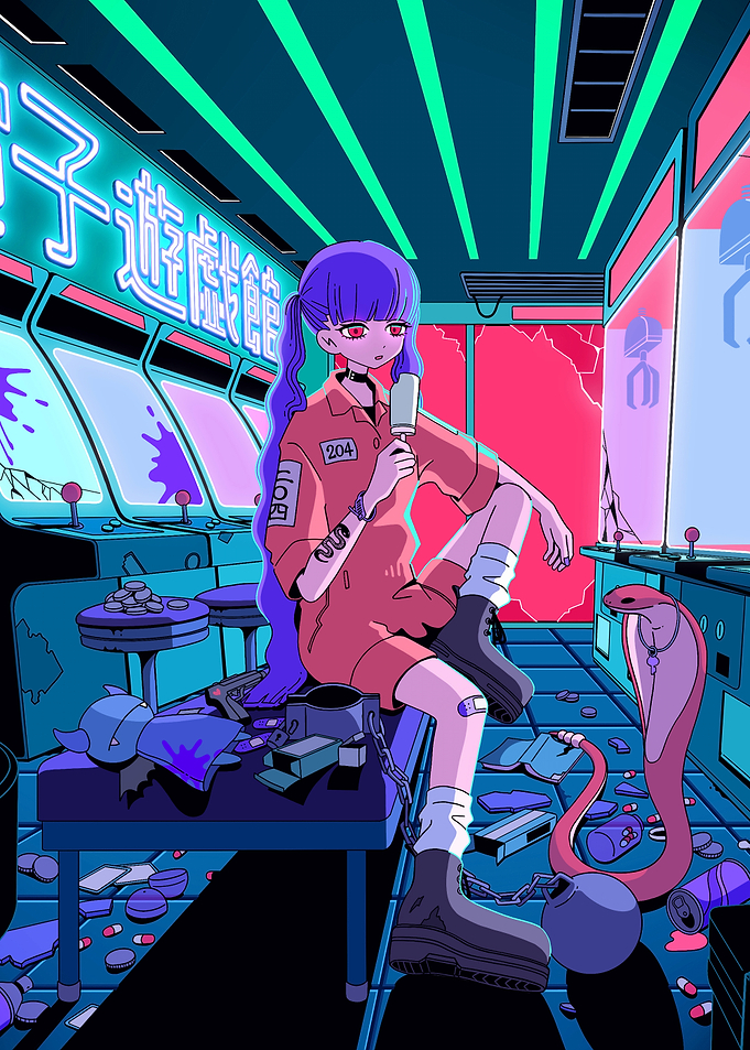 Anime Girl in Arcade with Ice Cream