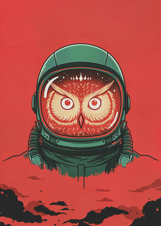 Owl Astronaut Retro Space Art