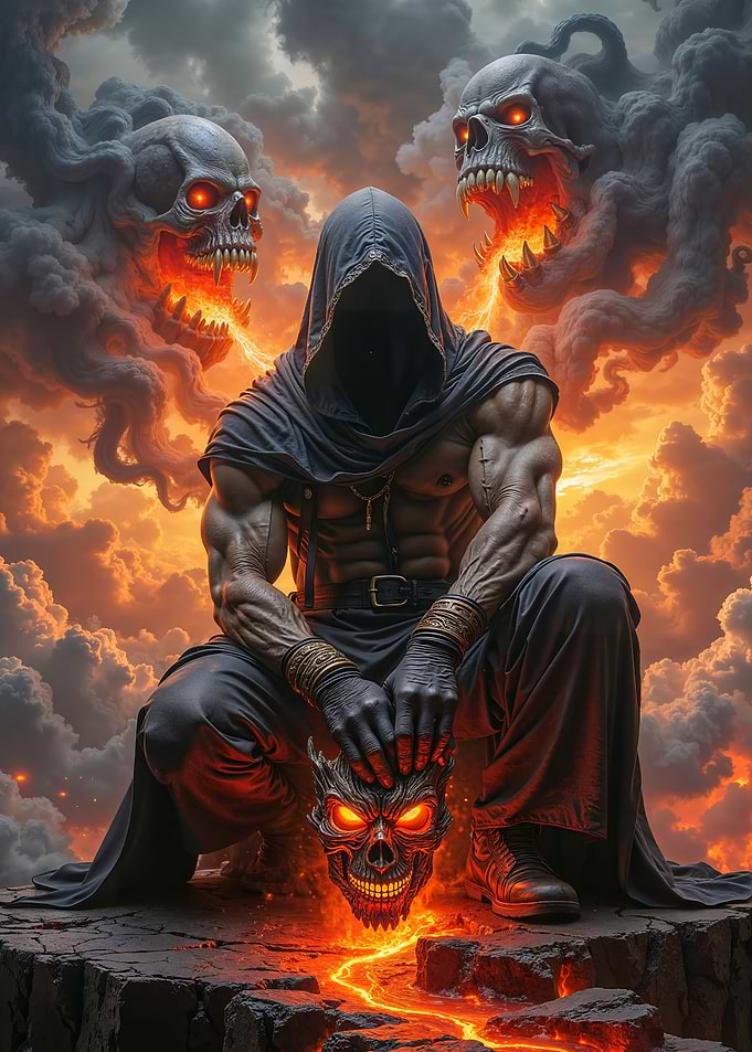 Hooded Figure with Skull and Lava