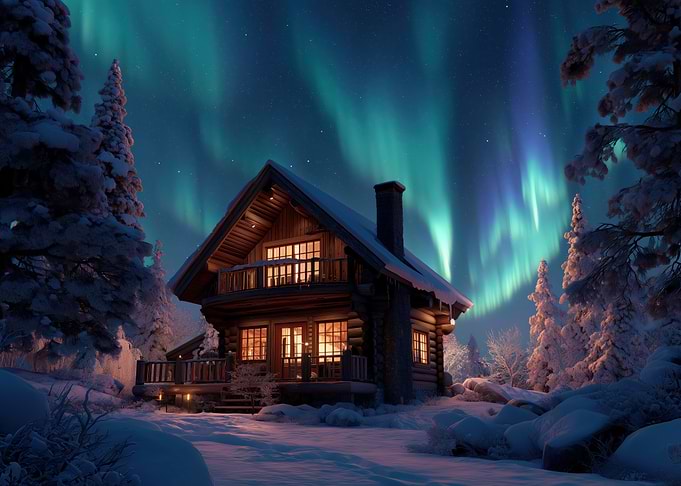 Winter Cabin Under Aurora Borealis