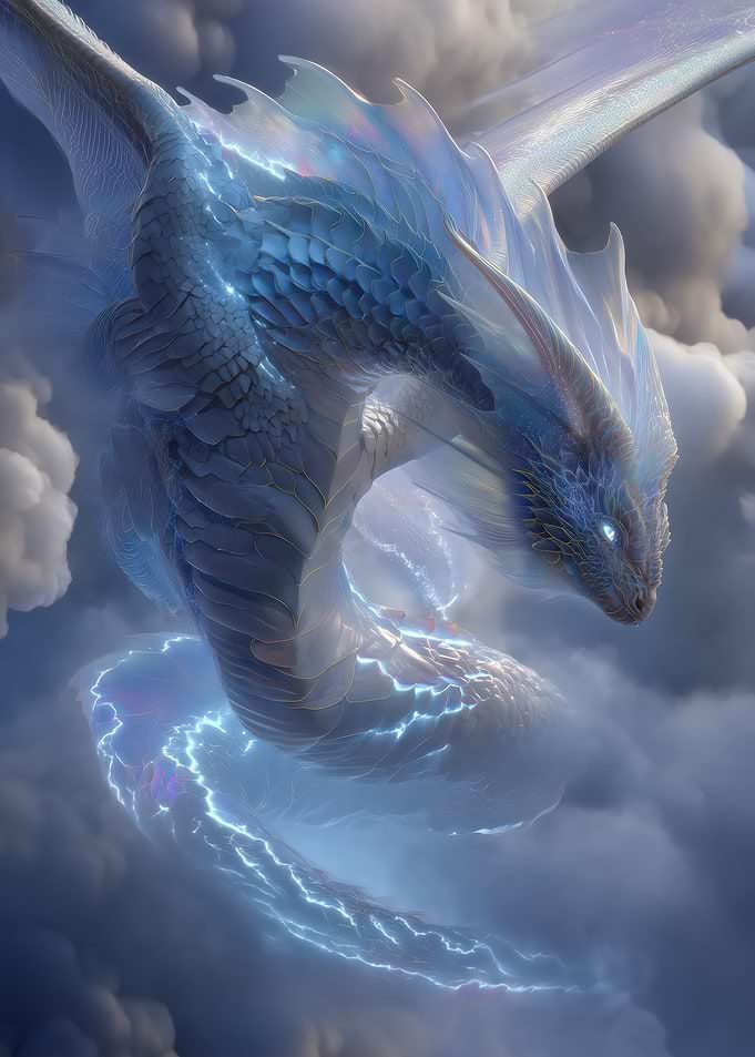 Majestic Ice Dragon in Cloudy Sky