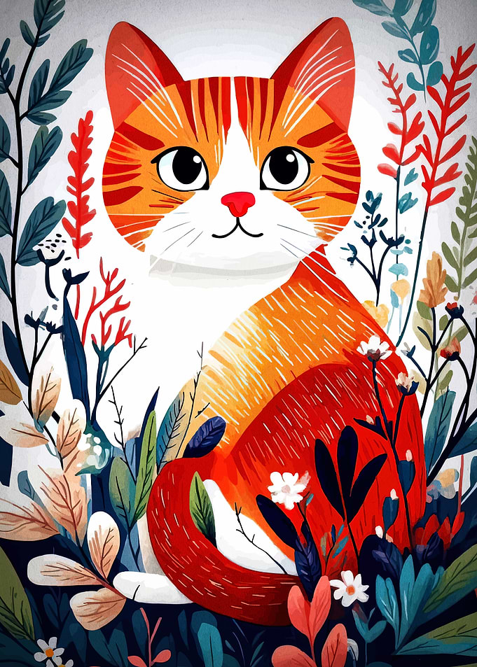 Cute Cat in Floral Garden