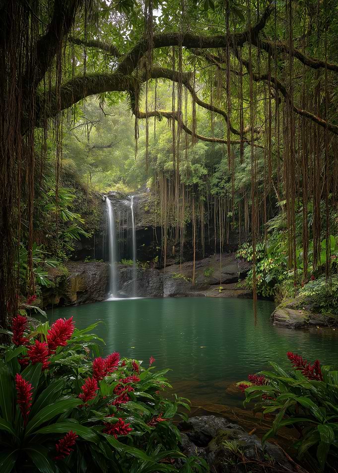 Waterfall with Red Flowers