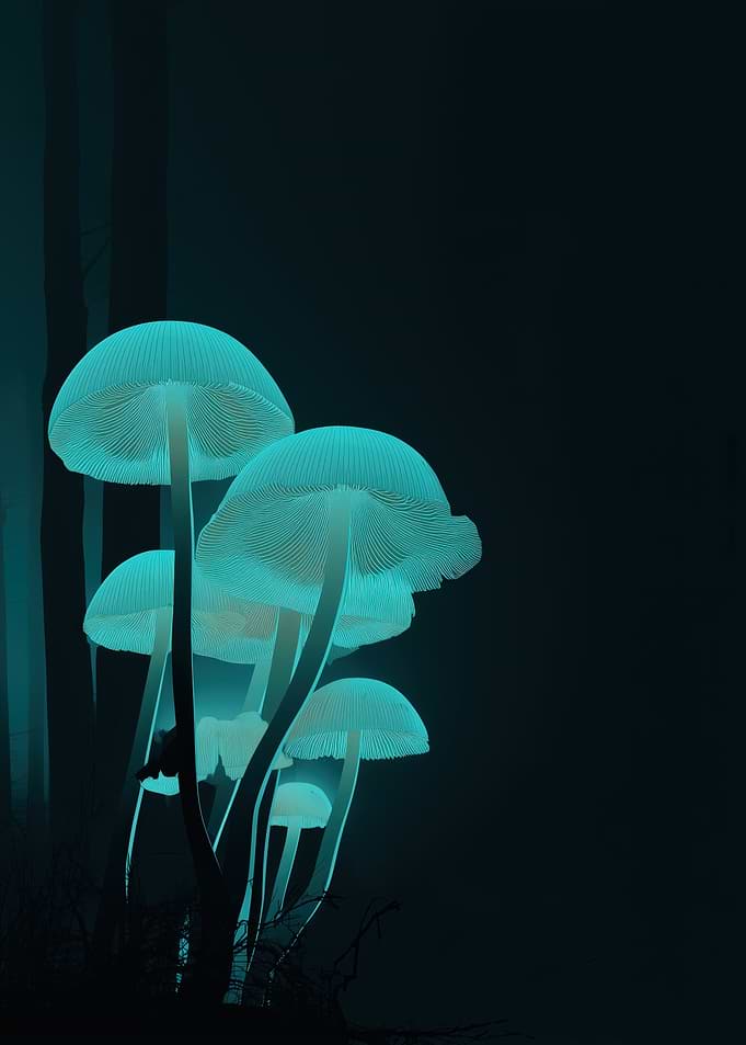 Glowing Mushrooms in Dark Forest