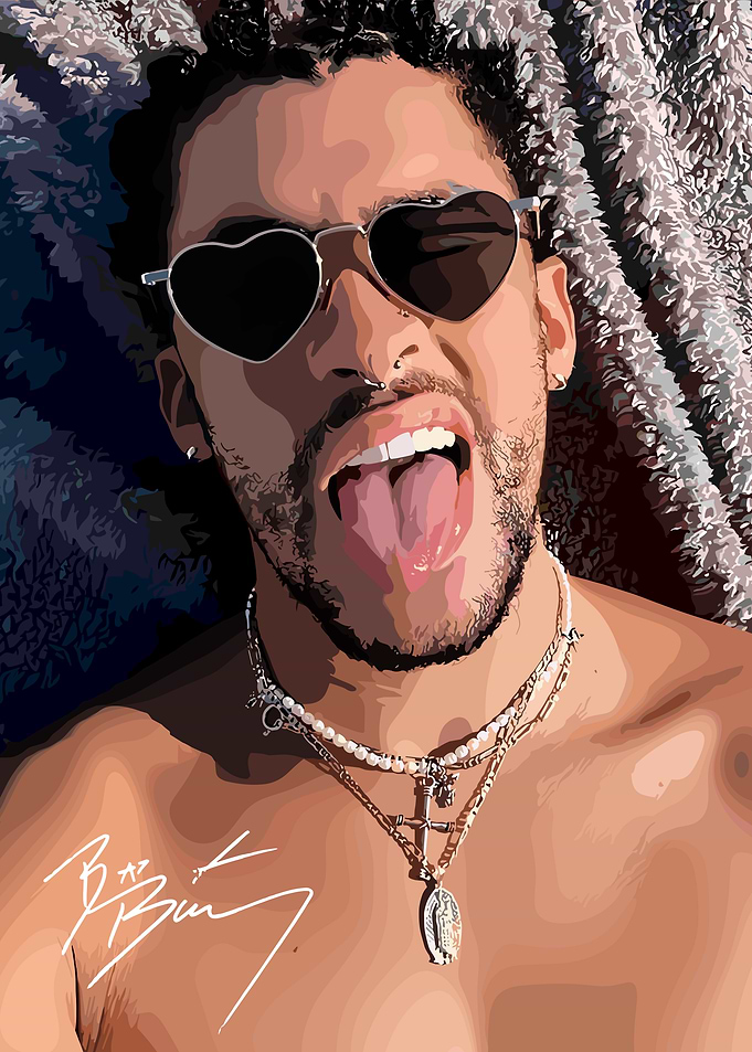 Bad Bunny Portrait with Heart Sunglasses