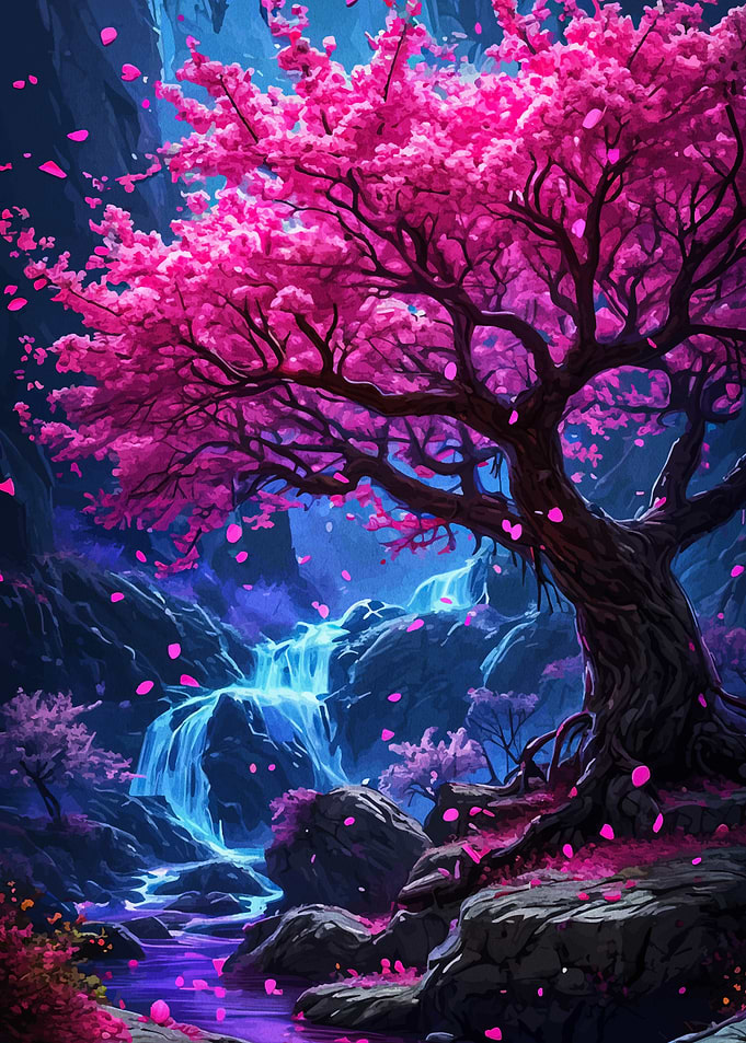 Pink Blossom Tree by Waterfall