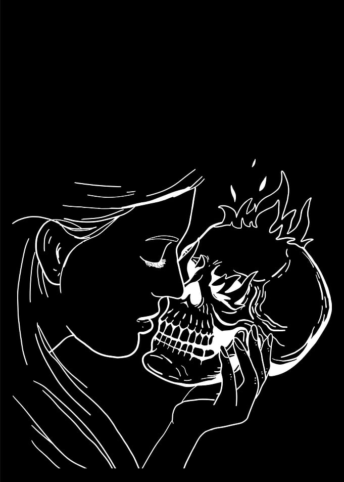 Woman kissing a flaming skull