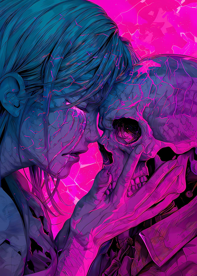 Anime Woman and Skull in Neon Light