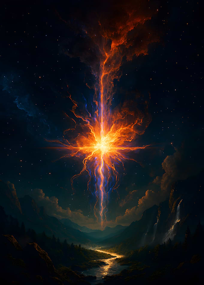 Celestial Beam Over Mountain Landscape