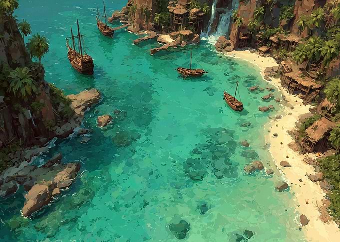 Tropical Island Cove with Sailing Ships