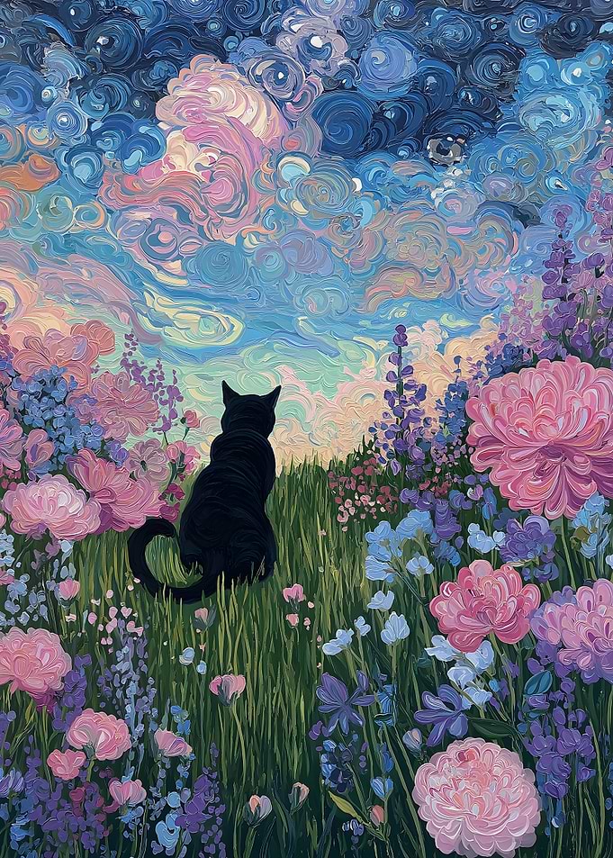 Black Cat in Floral Meadow Painting