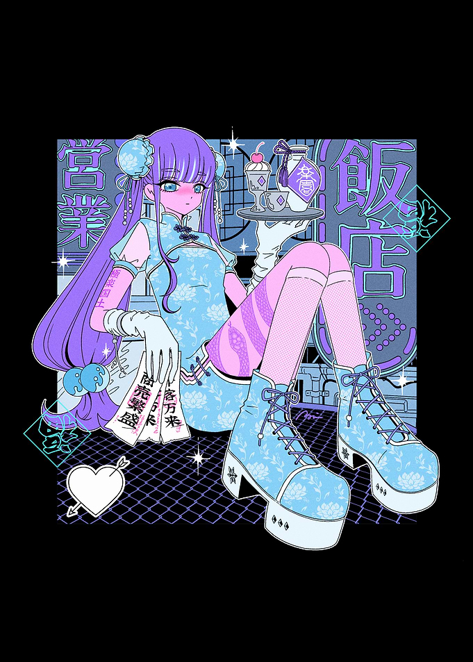 Anime Girl in Cyberpunk Restaurant Setting