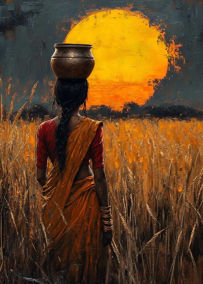 Woman with Pot in Field at Sunset