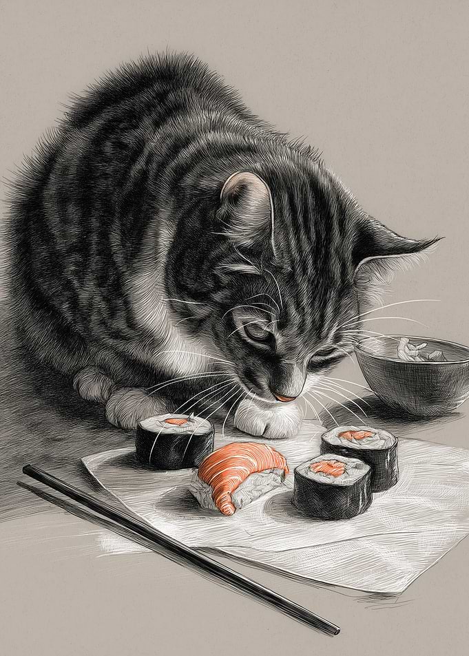 Cat and Sushi Still Life