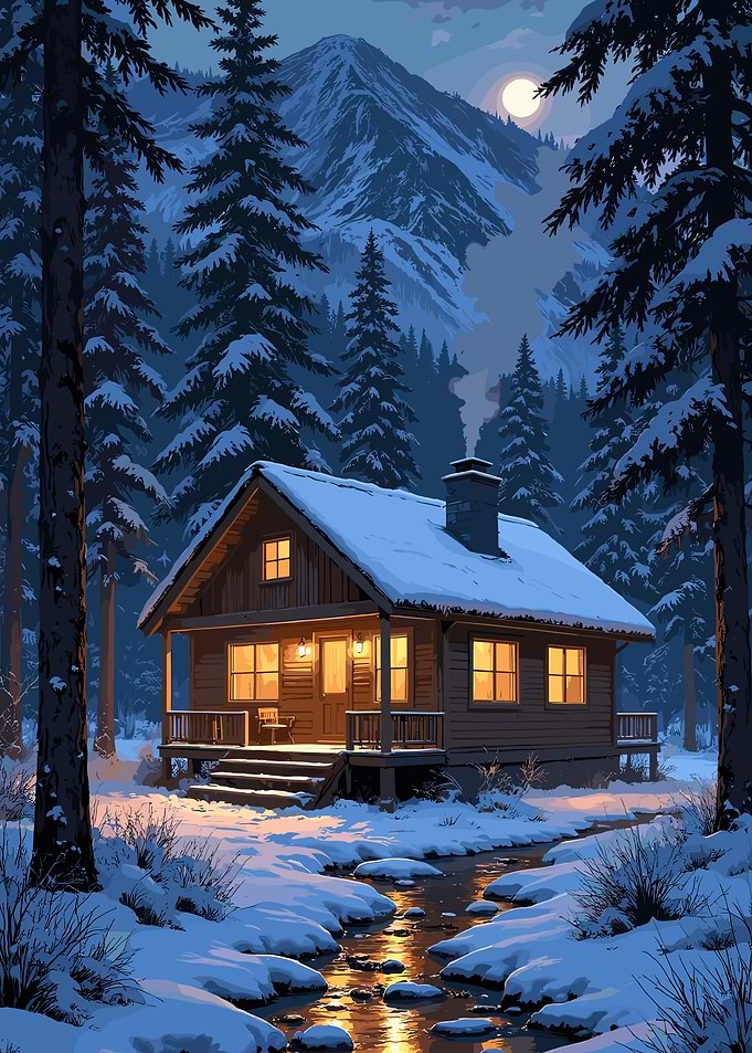 Winter Cabin in Snowy Forest