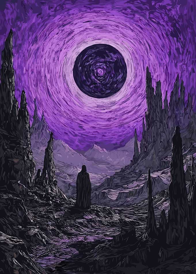 Dark Fantasy Landscape with Cloaked Figure