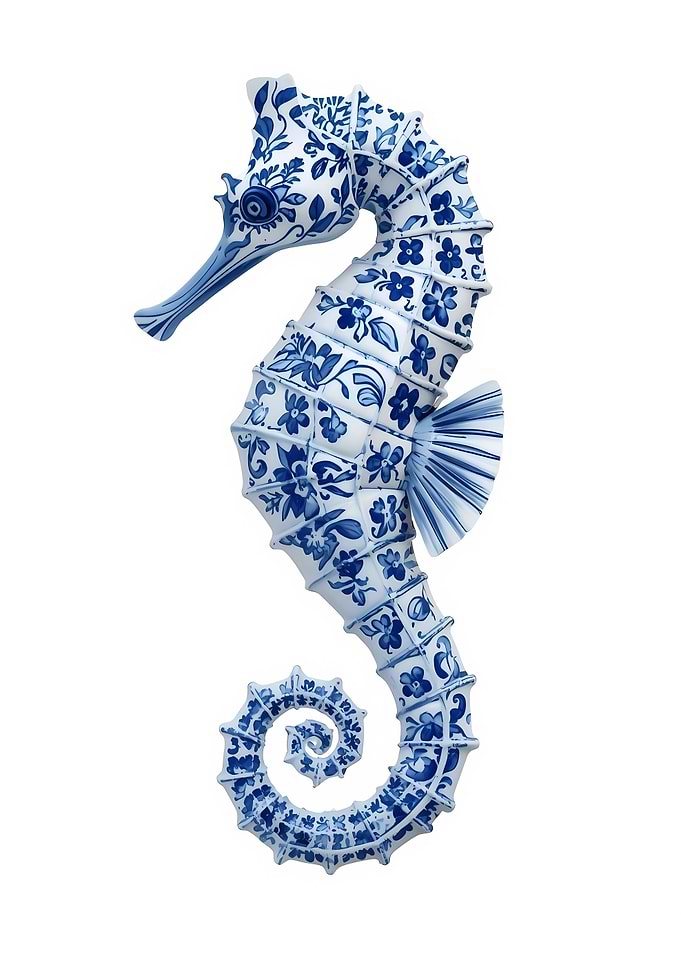 Blue and White Floral Seahorse
