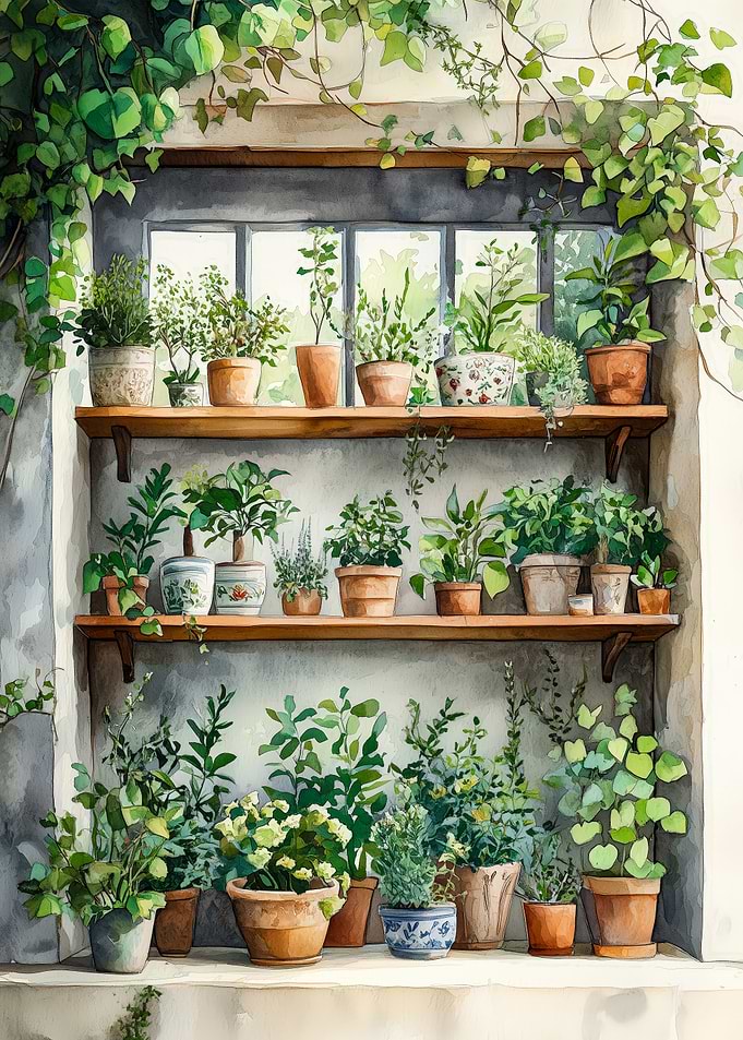 Potted Plants on Shelves Watercolor