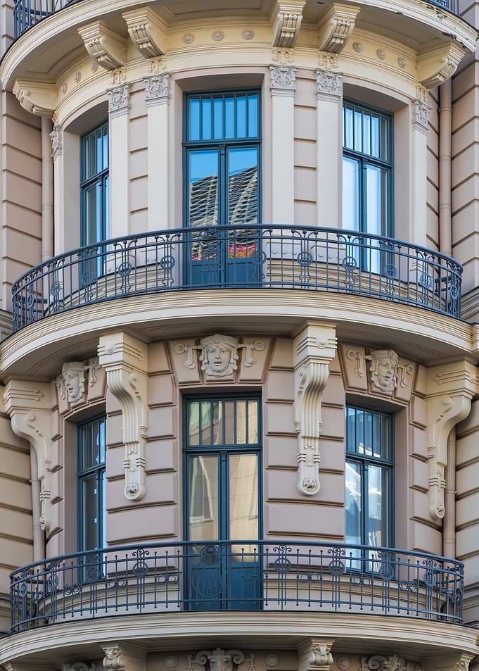 Ornate Building Facade with Balconies. Alberta street 13, Riga, Latvia.