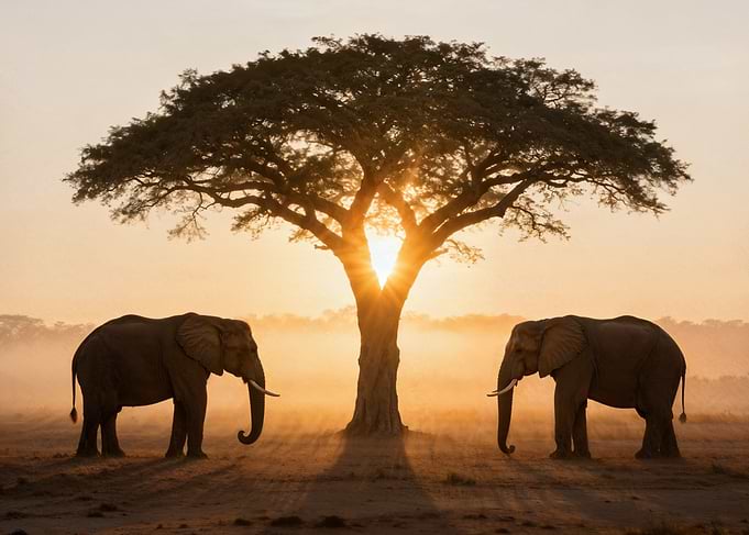 Elephants under tree at sunset