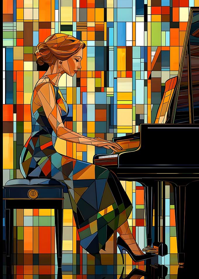 Woman Playing Piano in Abstract Style