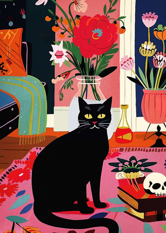 Black Cat with Flowers and Skull