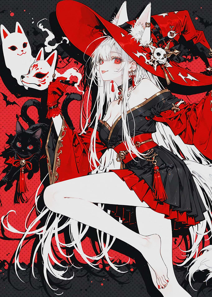 Fox Girl Witch with Black Cat
