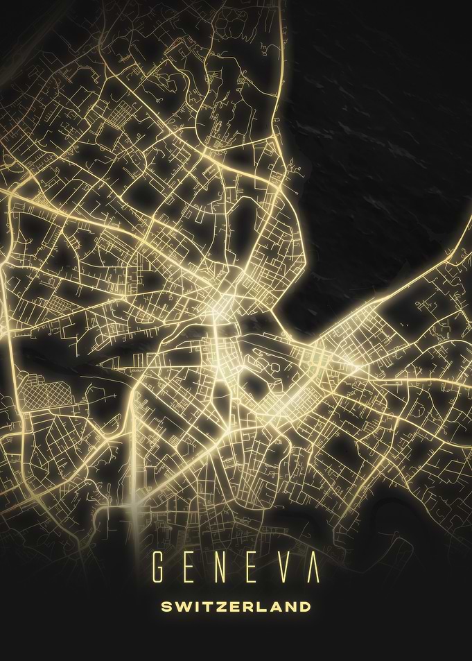 Geneva, Switzerland - Glowing City Map Poster, Illuminated Grid at Night