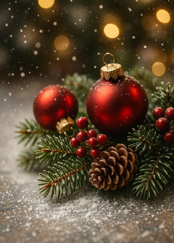 Christmas Ornaments and Pine Cone Still Life