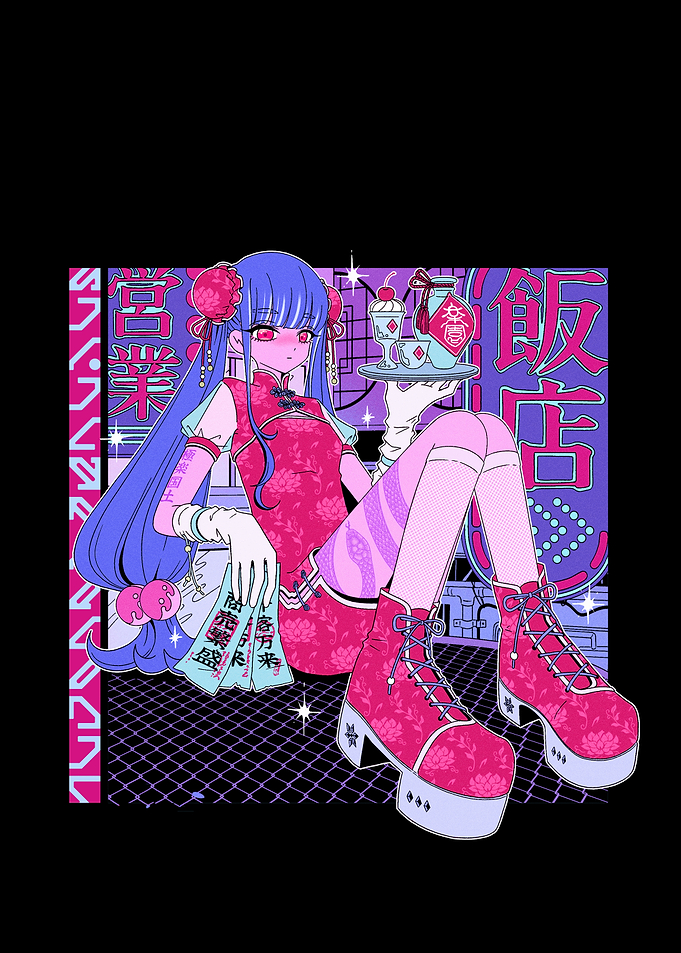 Anime Girl in Cyberpunk Restaurant Setting