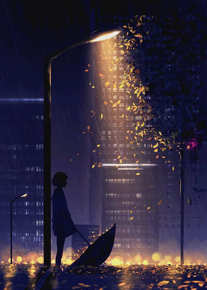 Rainy Night Cityscape with Figure