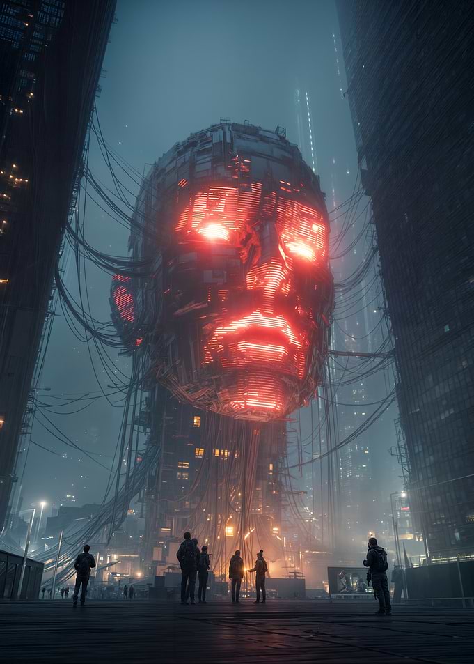 Cyberpunk Cityscape with Giant Head