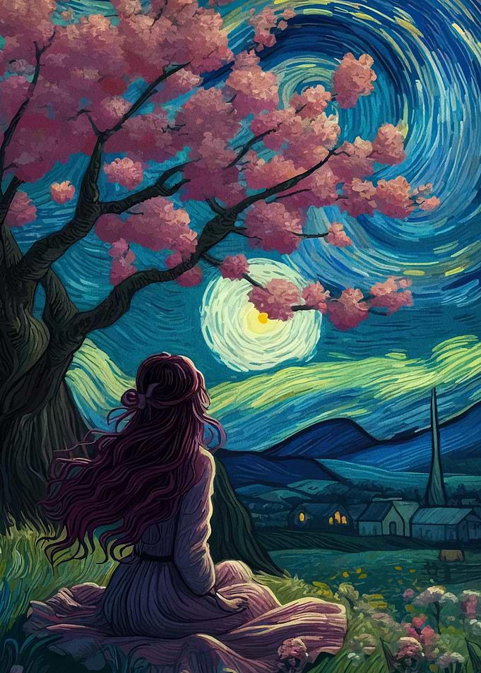 Girl under Cherry Blossom Tree Painting