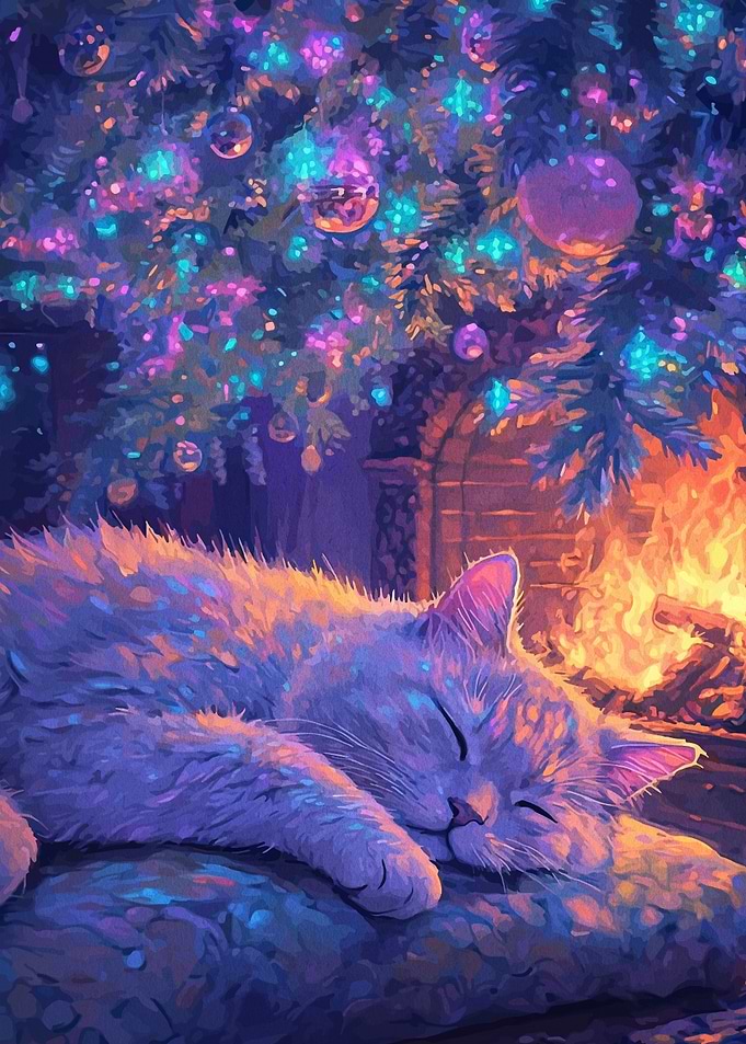 Sleeping Cat by Fireplace Christmas Tree