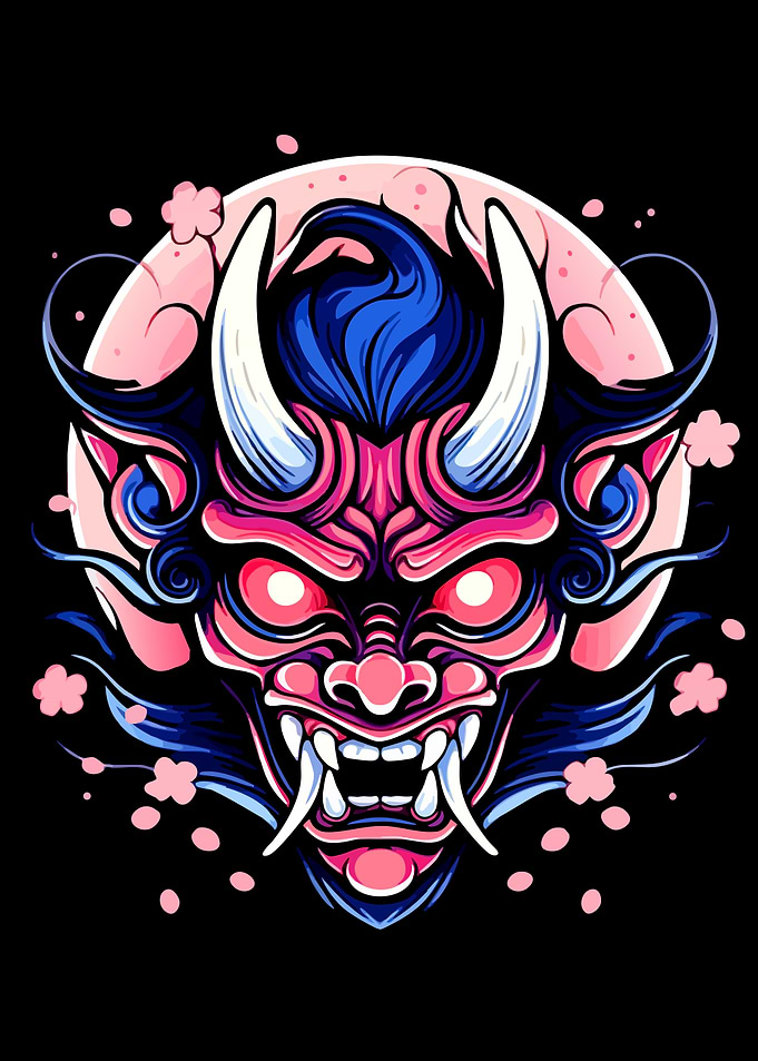 Japanese Oni Mask with Cherry Blossoms