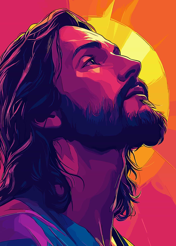 Jesus Christ looking up to sun