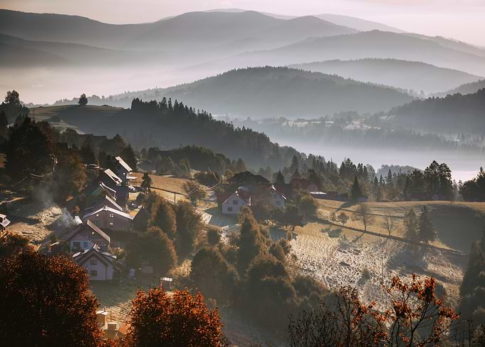 Mountain Village in Morning Mist, Poland