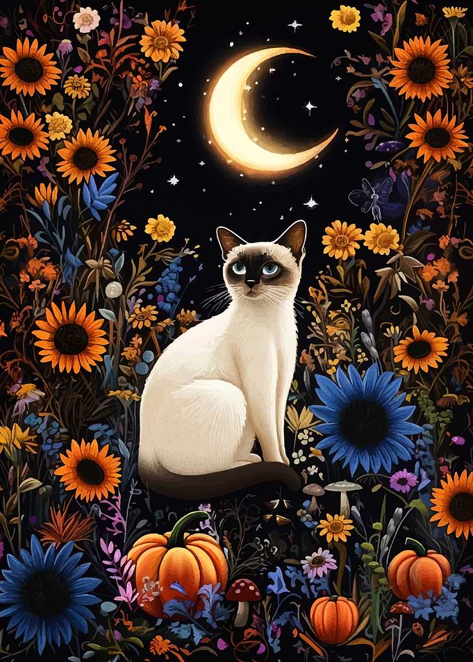 Siamese Cat in Floral Night Garden