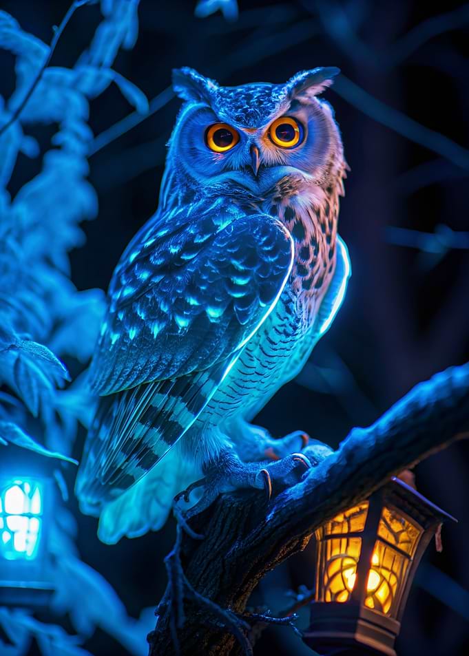 Glowing Owl Perched at Night in Winter