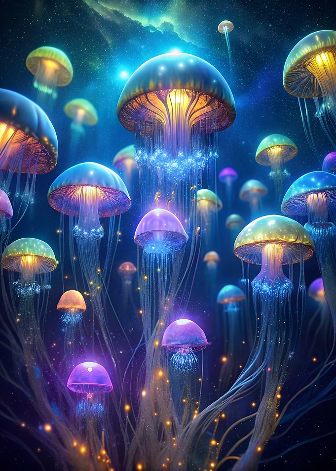 Glowing Jellyfish in Deep Blue Sea