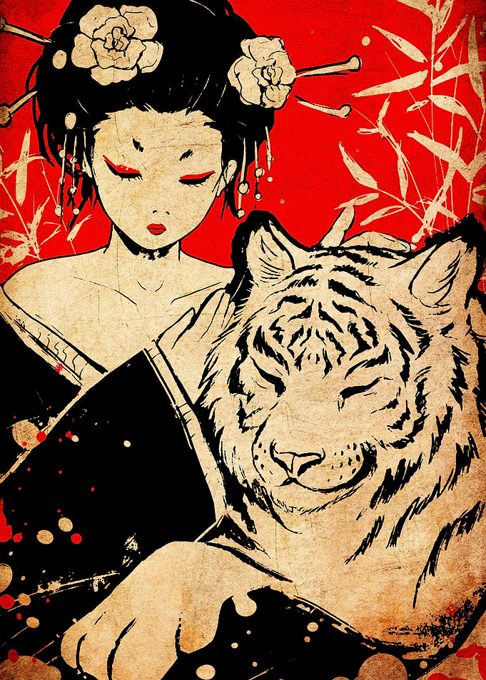 Geisha and Tiger Illustration
