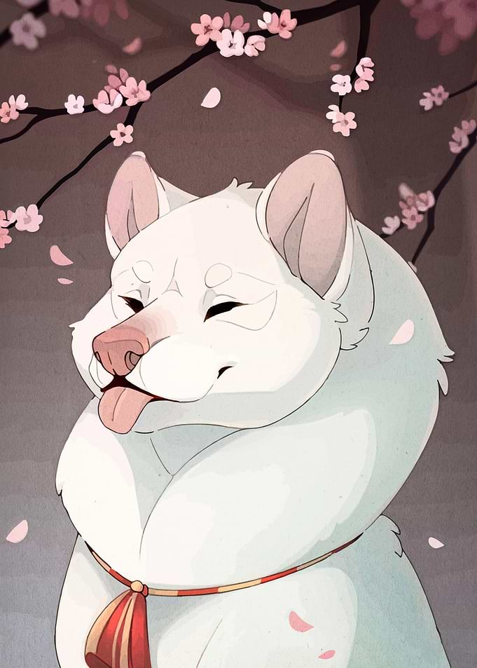 White Dog with Cherry Blossoms