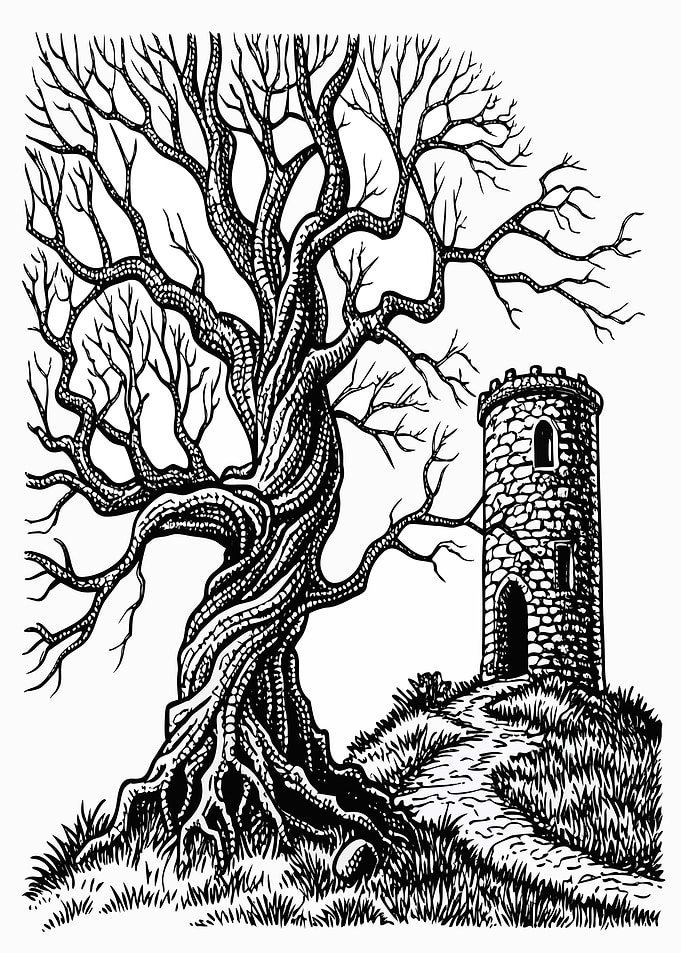 Tower and Tree Black and White