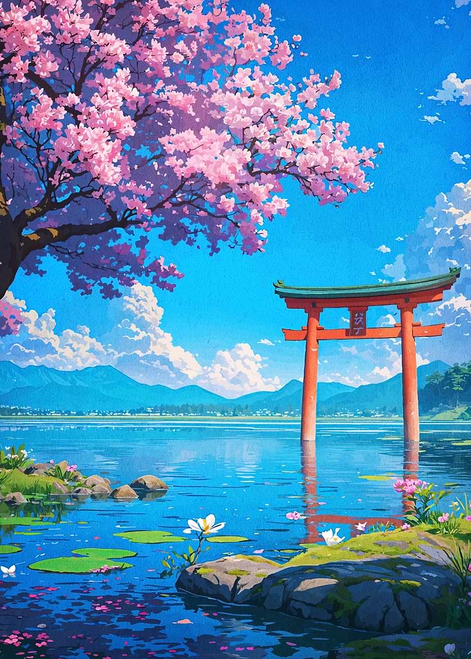 Japanese Torii Gate Cherry Blossoms