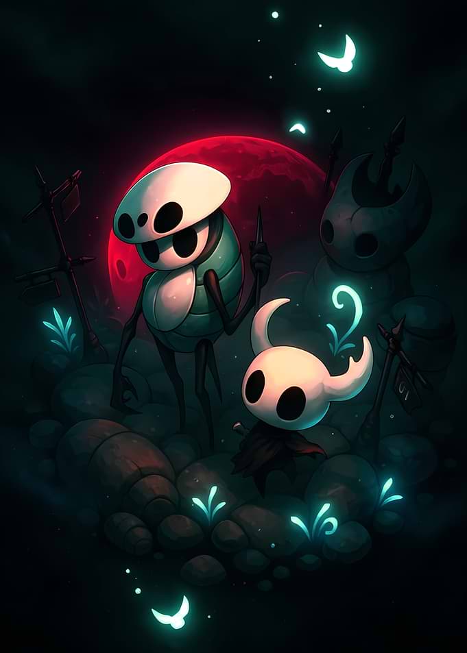 Hollow Knight characters in dark setting