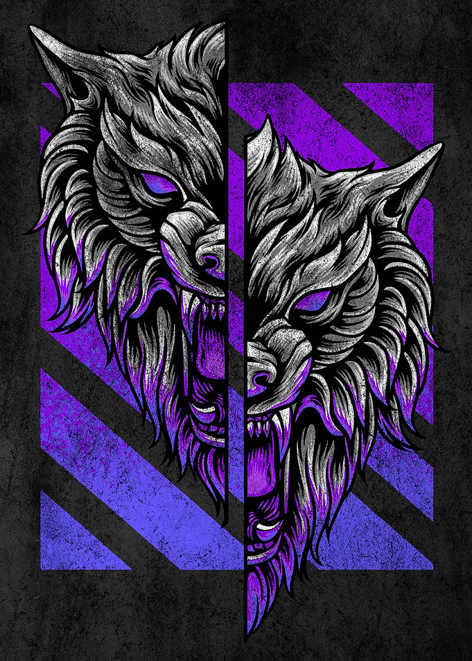 Wolf Split Face Purple Graphic Art