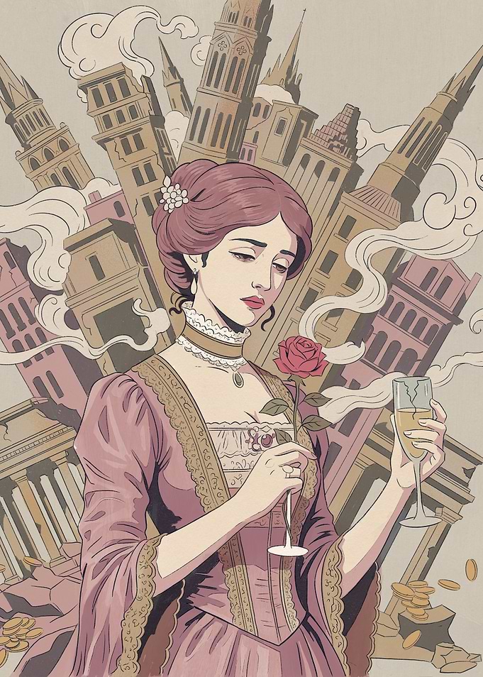 Melancholy Woman with Rose and Champagne