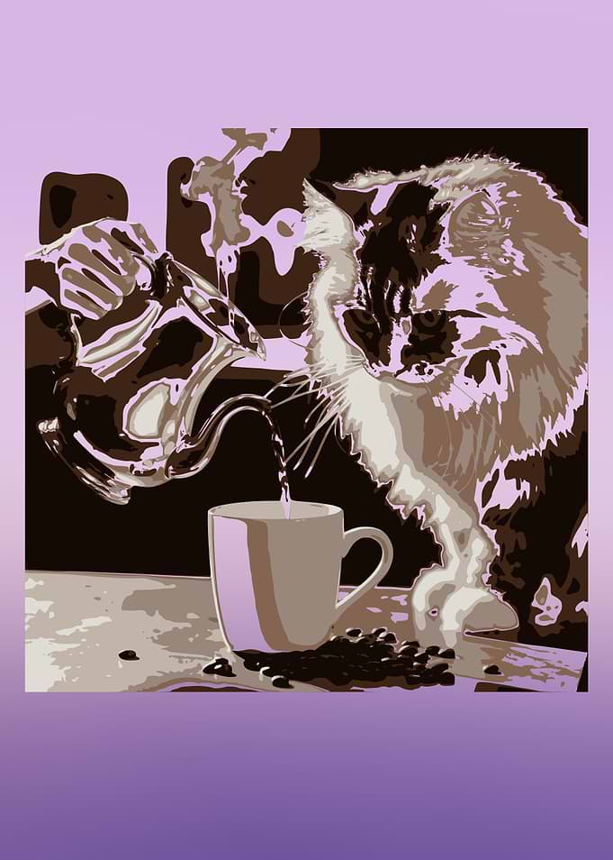 Cat, Coffee, and Kettle Still Life